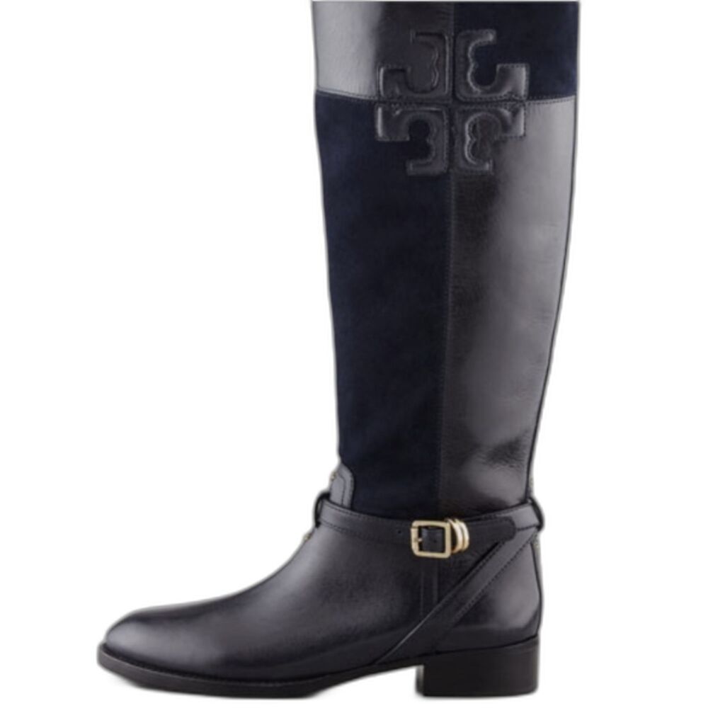 Tory Burch Simone Riding Boots Black Suede Leather Size 7.5